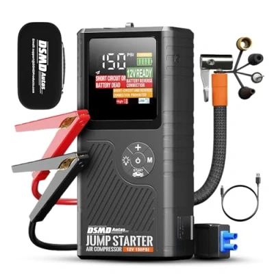 Image of DSMDAutos Jump Starter Power pack with Air Compressor 6.5L Petrol/3.5L Diesel Engines Portable Car Bank/Car Battery Booster Smart HD LED Display &amp; Emergency Torch