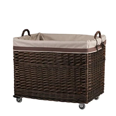 Image of e wicker24 Wicker Storage Basket on Wheels Woven Toy Box Vintage Log Baskets for Wood Burner Indoor Store Rustic Holders Fireplace Retro logs inside (Dark Brown)