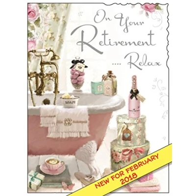 Image of Illustrated Retirement Card (JJ3704) Bathroom From The Velvet Range Embossed With A Silver Foil &amp; Flitter Finish