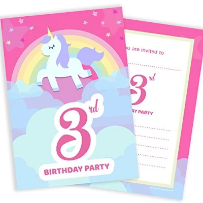 Image of 20 x 3rd Birthday Party Invitations from Olivia Samuel Unicorn &amp; Rainbow Pink Invites Ready to Write with Envelopes