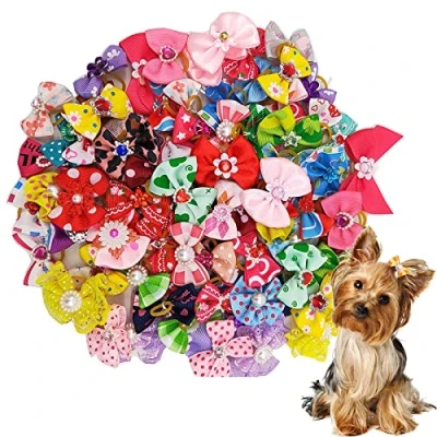 Image of Symphonyw Dog Hair Bow, 20Pcs Mix Colors Pet Cat Bows Tie Puppy Rubber Bands Grooming Costumes Accessories