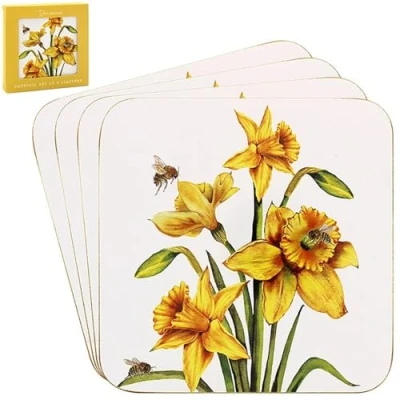 Image of 4pcs Yellow Daffodil Cork Coasters Bee tanical Floral Series Flower Heat Resist