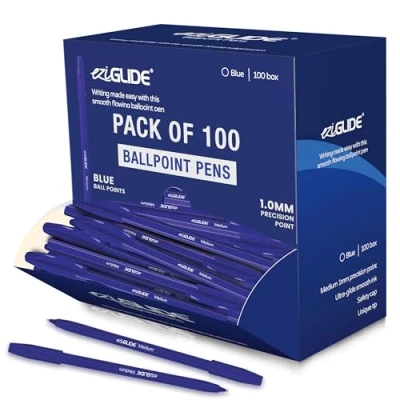 Image of Eziglide Ballpoint Blue Pen, Pack of 100 Pens, Smooth Writing Action Medium Point 1.0mm Coloured Pens Multipack Ball Ideal for School, Home or Work Stationery Supplies