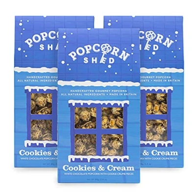 Image of Popcorn Shed, Blue 3 x Cookies &amp; Cream Gourmet Sheds, Caramel Flavoured with White Chocolate and Cookie Crumbs 80g, Gift