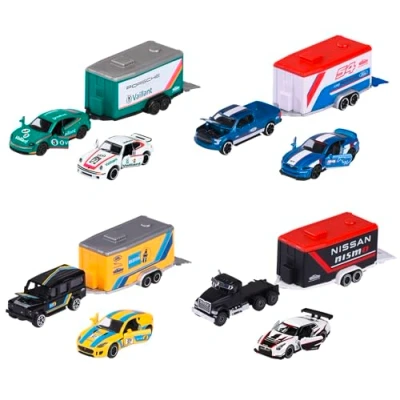 Image of Majorette Race Trailer Set 2 Toy Cars &amp; 1 in Motorsport Design, and Trailers Made of Metal, 19 cm, for Children from 3 Years, Random Selection