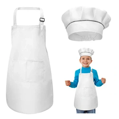 Image of Kids Apron and Chef Hat Set, Adjustable Children with 2 Pockets for Boys Girls, Toddler Kitchen Garden Bib Aprons Cooking Baking Painting Crafting (7 13 Year) (White)