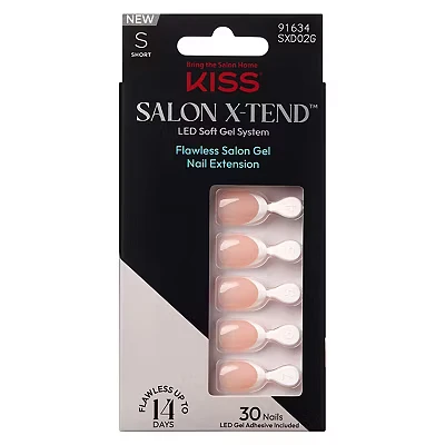 Image of KISS Salon X tend Glue On Decorated Nails, Nonsense, Light White, Short Size, Almond Shape, 34 Ct.