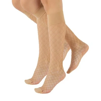 Image of CALZITALY 2 Pairs Fishnet Knee High Socks Large Black Made in Italy (One Size, Skin)