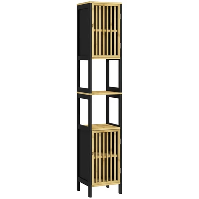 Image of HOMCOM Tall Bathroom Storage Cabinet, Slim Bamboo Cabinet with 2 Open Compartments, Slatted Doors and Adjustable Shelves, Black