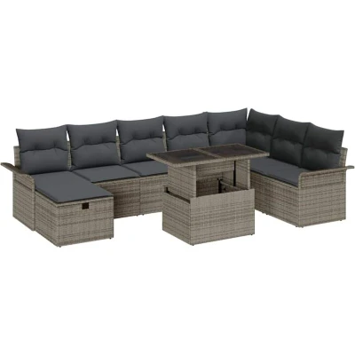 Image of vidaXL 9 Piece Garden Sofa Set with Cushions Grey Poly Rattan
