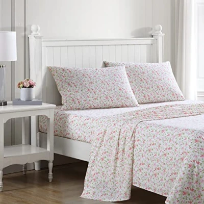 Image of Laura Ashley Full Sheets, Cotton Percale Bedding Set, Crisp &amp; Cool Home Decor (Norella Pink, Full)