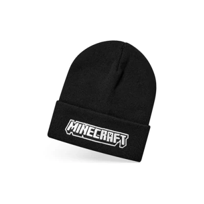 Image of Minecraft Boys Beanie Hat in Black Knitted Winter with Embroidered Logo for Kids Childrens One Size Warm Cuffed Gamers Mojang Games Merchandise Gift