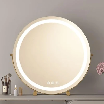 Image of UUDQCD Large Gold Round Dressing Table Mirror, Vanity mirror With Lights, Light Up Makeup Shaving Mirrors Free Standing, Rotating Tabletop Cosmetic