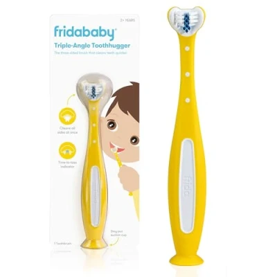 Image of Frida Baby Toothhugger Kids Toothbrush: U Shaped Toothbrush with Triple Angle Bristles, Easy Grip Handle, Soft for Toddlers and 2+ Years Old, Yellow