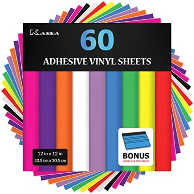 Image of Kassa Permanent Adhesive Vinyl Sheets Bundle of Assorted Colors (Matte &amp; Glossy) Craft Outdoor for Cutting Machines Includes Transfer Tape