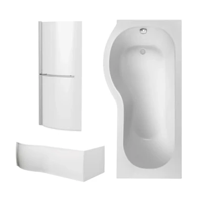 Image of P Shape Bathtub, Front Panel and Screen with Rail Chrome Profile