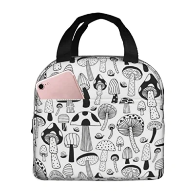 Image of 351 Insulated Lunch Bag Black and White Mushrooms Cool Storage Container Box Bags Women Food Cold Thermal Bag, for Lunch, School, Travel