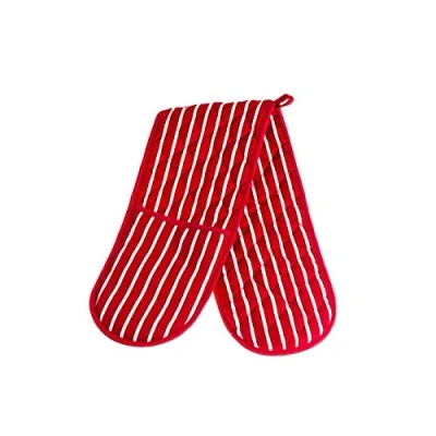 Image of Molly Malou Double Oven Gloves Butcher Stripe Quilted Cooking Pot Holder Heat Resistant Mitt Red