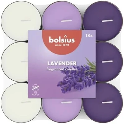 Image of Bolsius 18 Scented tealights Lavender Burning time of 3.5 Hours Diameter 38 mm Natural extracts Contains Vegan Wax No Palm Oil