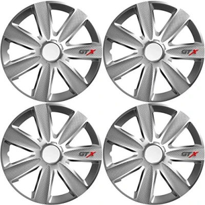 Image of Versaco Car Wheel Trims GTXCARBON14 Silver 14 Inch 7 Spoke Boxed Set of 4 Hubcaps Includes Fittings/Instructions