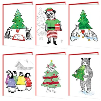 Image of Brainbox Candy Funny Cute Animal Christmas Cards 12 Pack of Jimbobart Range Great Value Multi for Him Her Men Women Lovers