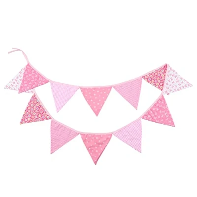 Image of G2PLUS Double Sided Fabric Bunting Banner, Two Layer Triangle Floral Bunting, 3.3M with 12PCS Pink Pennants, Cotton Shabby Chic Garland for Bedroom Brithday Tea Party Decorations