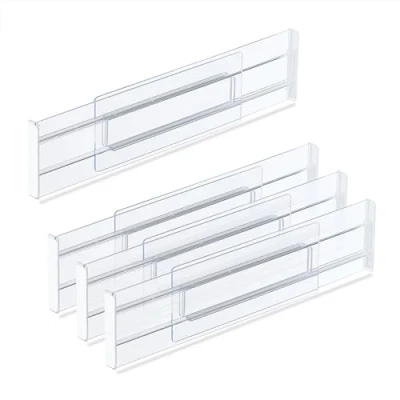 Image of Relaxdays Drawer Divider, 4 Piece Set, Adjustable Length from 28 to 52.5 cm, Kitchen Storage, Organiser, Plastic, Clear, 8 x 1.5 cm