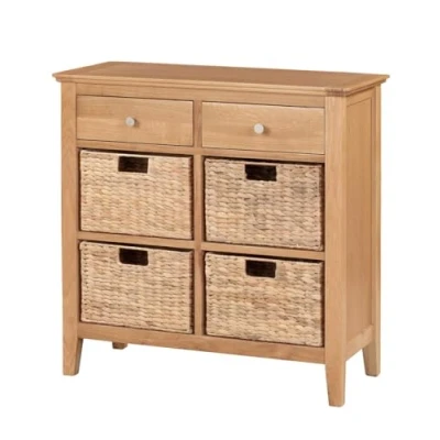 Image of Hallowood Furniture Hereford Oak Storage Sideboard, Wooden Cabinet with 2 Drawers &amp; 4 Wicker Basket, Shoe Storage, Console Table for Living Room Hallway Unit