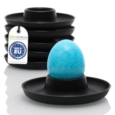 Image of idea station Neo Plastic Egg Cup Set of 6 Black Shatterproof Holder, Perfect for Children and Camping with Practical Spoon Rest Overflow Protection