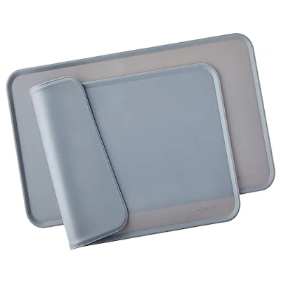 Image of Amazon Basics Waterproof Anti Slip Silicone Placemat Pet Food and Water Bowl Mat, Easy to Clean, Solid, 47 x 29 cm, Grey, Pack of 2