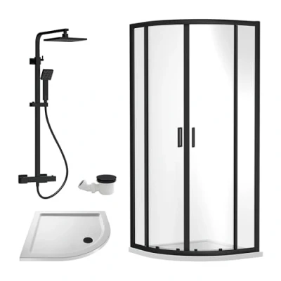 Image of Balterley Ruwa Shower Enclosure Bundle Quadrant Enclosure, Tray, Square Kit &amp; Waste White/Black 900mm