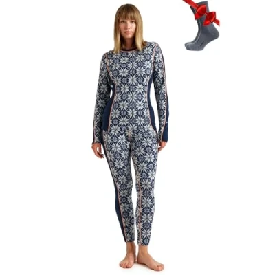 Image of Merino.tech Merino Wool Base Layer Womens Set Thermal Underwear Top and Bottom Lightweight, Midweight, Heavyweight (Small, 250 Snowflake Navy)