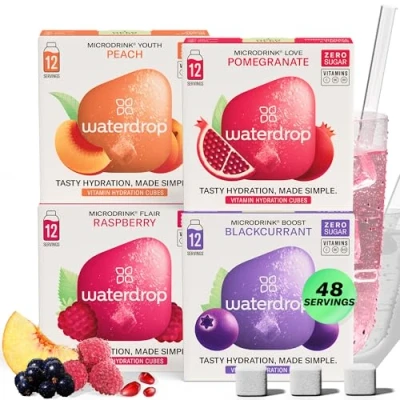 Image of waterdrop® Microdrink Set Water Flavouring Hydration Tablet Natural Fruit Mix Vitamin C Sugar Free Raspberry Pomegranate Blackcurrant Peach 48 Drinks