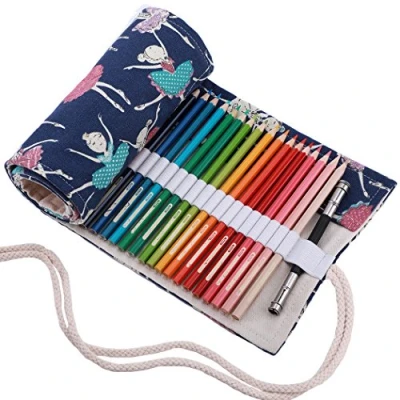 Image of Amoyie Hand Roll Up Pencil Bag for 48 Coloring Pencil, Canvas Organiser Artist Pen Carrier Bag, Wrap Kids, Easy Use (no Included), Blue Fish
