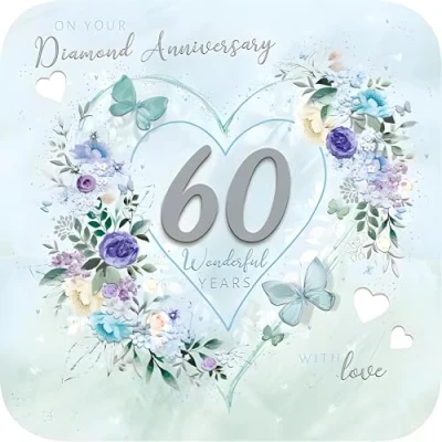 Image of Noel Tatt Milestone Diamond Wedding Anniversary Card 60 Years Love Heart Wreath with Flowers &amp; Butterflies Eco Friendly Recyclable