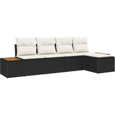 Image of vidaXL 5 Piece Garden Sofa Set with Cushions Black Poly Rattan Acacia