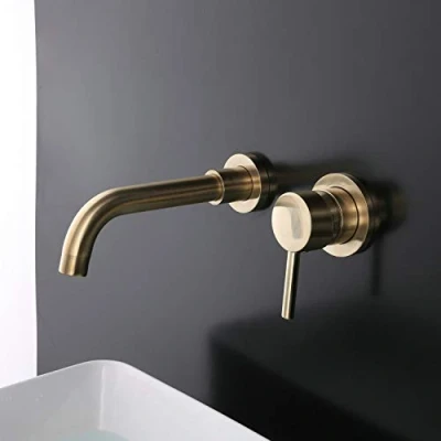 Image of Wall Mounted Brass Bathroom Sink Tap Basin Mixer Tap, Brushed Gold