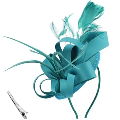 Image of DRESHOW Fascinators Hat Ribbons Feathers on a Headband Clip Cocktail Tea Party Headwear for Girls and Women