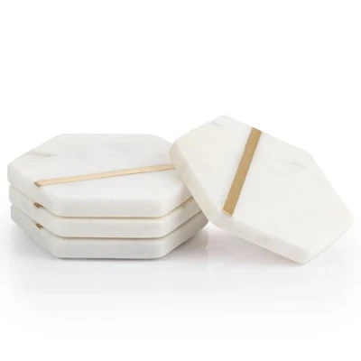 Image of EHC Marble Coasters Set of 4, Hexagon Set, Non Slip for Drinks, Coffee Pads Beer Bar Mat, White