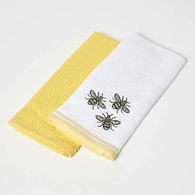 Image of HOMESCAPES Yellow Tea Towels 100% Cotton Set of 2 Waffle Teatowels Super Absorbent Lint Free Kitchen with Embroidered “Bumble Bee Design, 40 x 60 cm