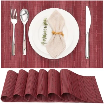Image of Myir JUN Table Mats Set of 6, Place Placemats Washable Non slip Heat Insulation Woven Vinyl for Kitchen Dinning Restaurant 18&quot;X12&quot; (Red)