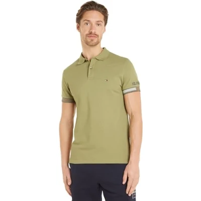 Image of Tommy Hilfiger Men Flag Cuff Slim Polo S/S Polos, Green, XXL