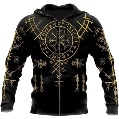 Image of Viking Zip Up Hoodie For Men Nordic Vegvisir Hooded Sweatshirt 3D Print Pullover Casual Polyester (Color : hoodie, Size S)