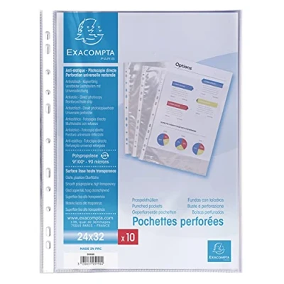 Image of Exacompta Ref 5990E Punched Pockets 270 x 325mm in Size, Suitable for A4+ Documents, 90 Micron Polypropylene, Reinforced Spine Clear (Pack of 10 Pockets)
