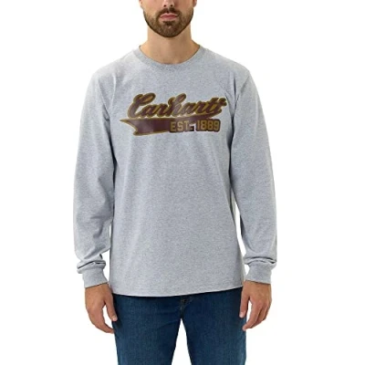 Image of Carhartt Men&#039;s Relaxed Fit Heavyweight Long Sleeve Script Graphic T Shirt Work Utility, Heather Grey, XL