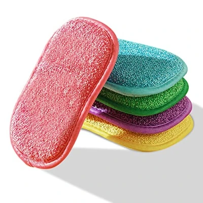 Image of Antibacterial Microfiber Kitchen Dual Action Scouring Pads, 5 Pack Thickening Reusable Washing Up Sponge Cleaning Scourers &amp; Sponges Dishwashing Non Stick Pans Scratch