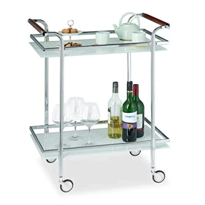 Image of Relaxdays Frosted Glass Serving Trolley, Tea Station, Push Cart, 2 Tiers, Open, Deluxe Castors, Silver, HWD 85x66x43 cm