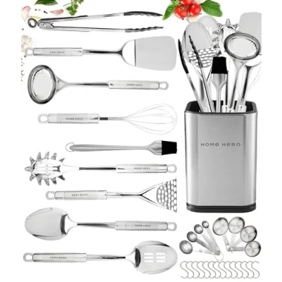 Image of Kitchen Utensils Set Non Stick Heat Resistant Cooking Spoons Turners Spatula Ladle Tools Gadgets Accessories (32 pcs Stainless Steel Set)