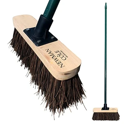 Image of Newman &amp; Cole Stiff Garden Broom Outdoor, 10 Natural Bassine Hard Bristle with Wooden Brush and 120cm Screw Fit Solid Metal Handle