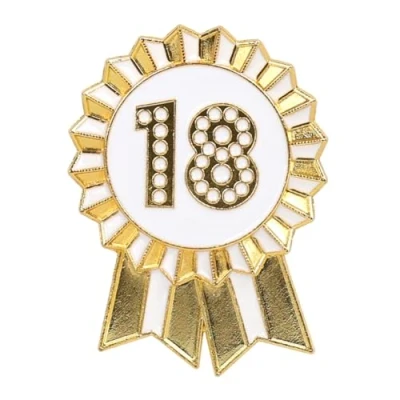 Image of Talking Tables 18th Happy Birthday Badge, Gold and White Enamel Metal Rosette, Reusable, Accessories for Girls, Adults, Children, Party Supplies, Milestone, Anniversary, 4.5 cm Diameter